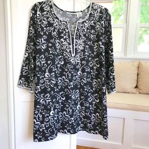 WOMAN WITHIN Cotton Floral Tunic Top Sequins Black White Women’s Plus Size 3X